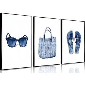3Pcs Vintage Navy Blue and White Summer Accessories Wall Art Sunglasses Beach Bag Flip Flops Posters Prints Coastal Beachy House Bathroom Watercolor Wall Decor Pictures Unframed 12x16in