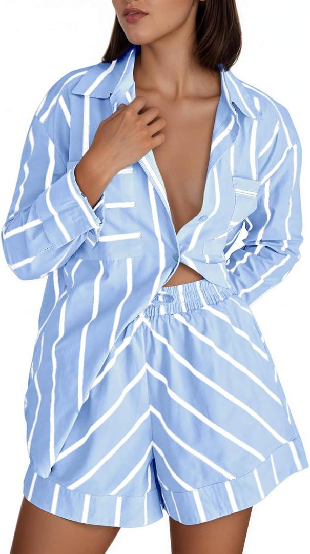 Tankaneo Womens Striped 2 Piece Outfits Button Down Shirts and Shorts Lounge Matching Sets,small