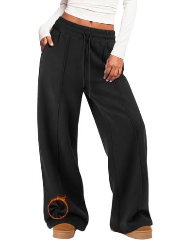 MIROMIHO Womens Wide Leg Sweatpants Fleece Lined Baggy Pants Drawstring Athletic Joggers Fashion Winter Outfits Black. L