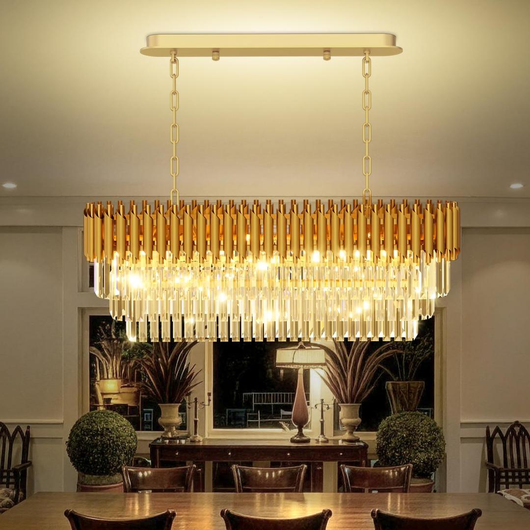 10-Light Modern Gold Crystal Chandelier, Luxury Rectangular Crystal Chandeliers for Dining Room, Kitchen Island, Living Room, Farmhouse Chandelier Lighting, 40inch