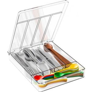 Yieach Clear Silverware Organizer with Lid - 9 inch Wide - Small Silverware Drawer Organizer & Tray and Utensil Drawer Organizers with Lid,BPA Free Plastic Flatware Drawers Organizers for Fork,Spoon (Medium)