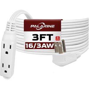 Flat Plug Extension Cord with 3 Outlets Extender, Indoor Extension Cord Power Strip, 16 Gauge 3FT White 3 Prong, 16/3 SPT-3 13A, UL Listed