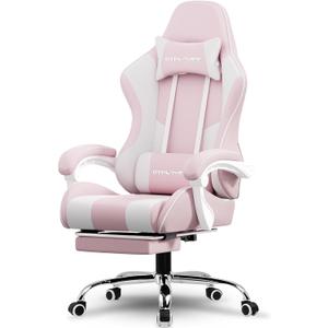 GTPLAYER Gaming Chair with Footrest, Computer Chair with and Lumbar Support, Height Adjustable Game Chair with 360°-Swivel Seat and Headrest and for Office or Gaming (Pink-Fabric), 20.05 inches x 20.08 inches x 49.21 inches