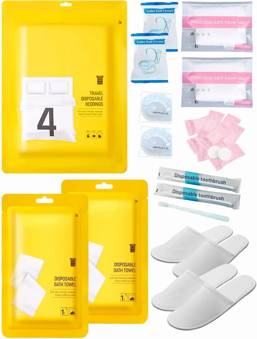 Extguds Disposable Travel Set: 1 Bed Sheet, 1 Duvet Cover, 2 Pillowcases, 2 Bath Towels, 2 Shower Caps, 2 Plastic Bathtub Bags, 2 Toilet Seat Covers, 8 Compression Face Towels, 2 Toothbrushes, 2 Slippers (1 pack)