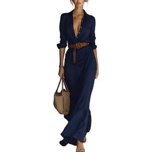 Chvity Womens Button Down Shirt Maxi Dress Lapel Long Sleeve High Slit Pleated Solid Color Flowy Fall Spring Dresses (Medium, Navy Blue)