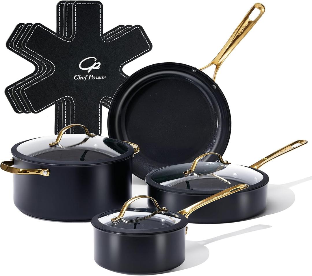 Chef Power Ceramic Cookware Sets, 10Pcs Pots and Pans Set Non Stick, Cookware Set with Stainless Steel Handle, Dishwasher & Oven Safe, Stone Black and Light Gold Handle