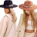 2 Pack Wide Brim Stylish Felt Panama Hats for Women & Men - Classic Fedora Hats With Belt Buckle
