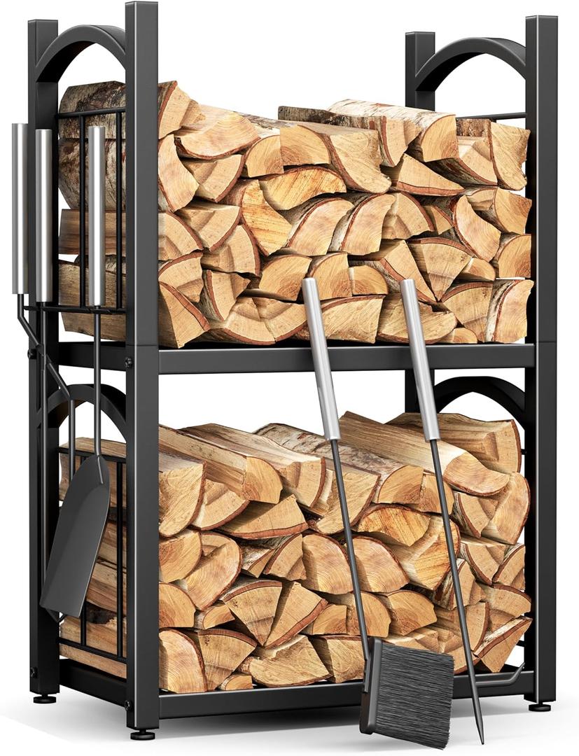 Y&M Firewood Rack Wrought Iron Indoor Outdoor Use 2-tier Firewood Holder Storage with 4 Fireplace Tools (2-tier Firewood Rack)