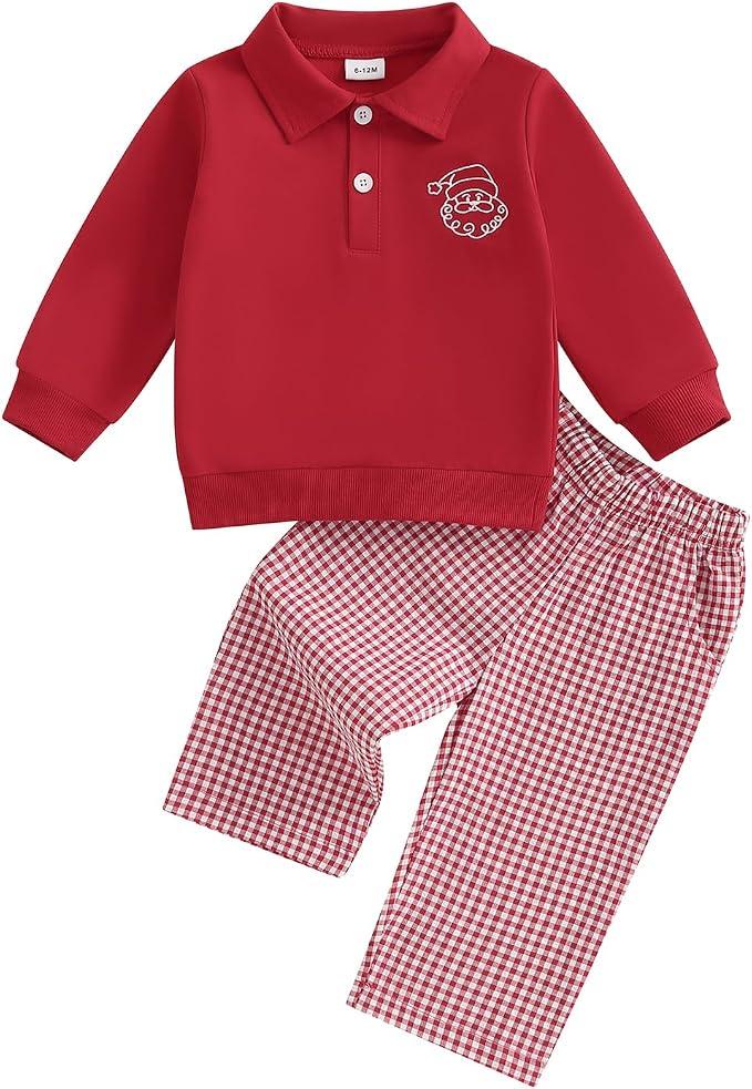 Gueuusu Toddler Baby Boy Christmas Outfit Santa Claus Embroidery Button Up Collared Shirt Plaid Pants Set Festive Clothes (Red, 6-12 Months)