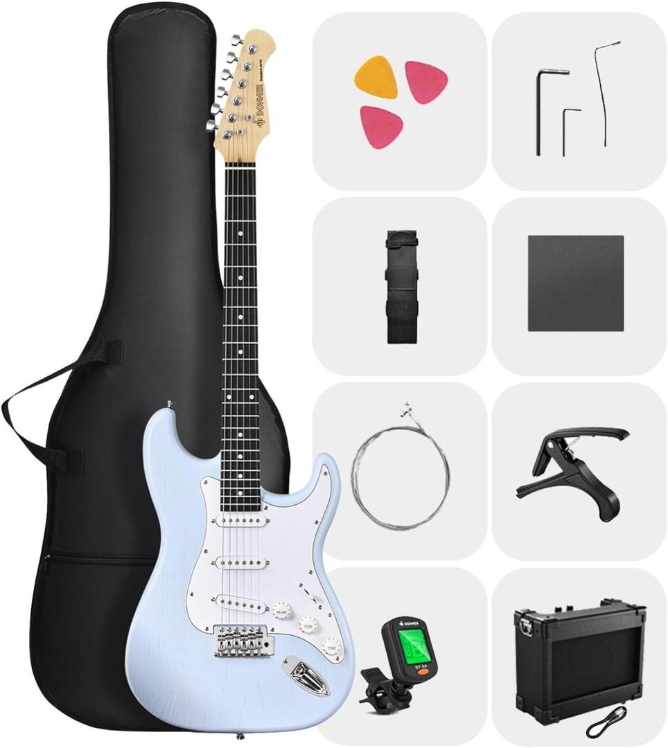 DONNER DST-80 Electric Guitar 39 Beginner Electric Guitar Kit with Amp, Classic SSS Pickup Complete with Gig Bag, Tuner, Capo, Strap, Picks, and Free Online Lessons (Sonic Blue)