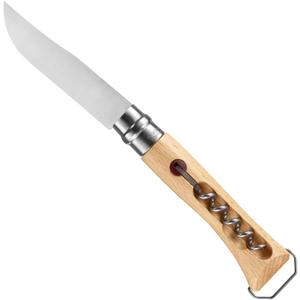 Opinel No. 10 Stainless Steel Corkscrew Wine and Cheese Folding Knife, Integrated Corkscrew + Bottle Opener, Beechwood Handle - Picnic Pocket Knife Made in France (Updated Version)