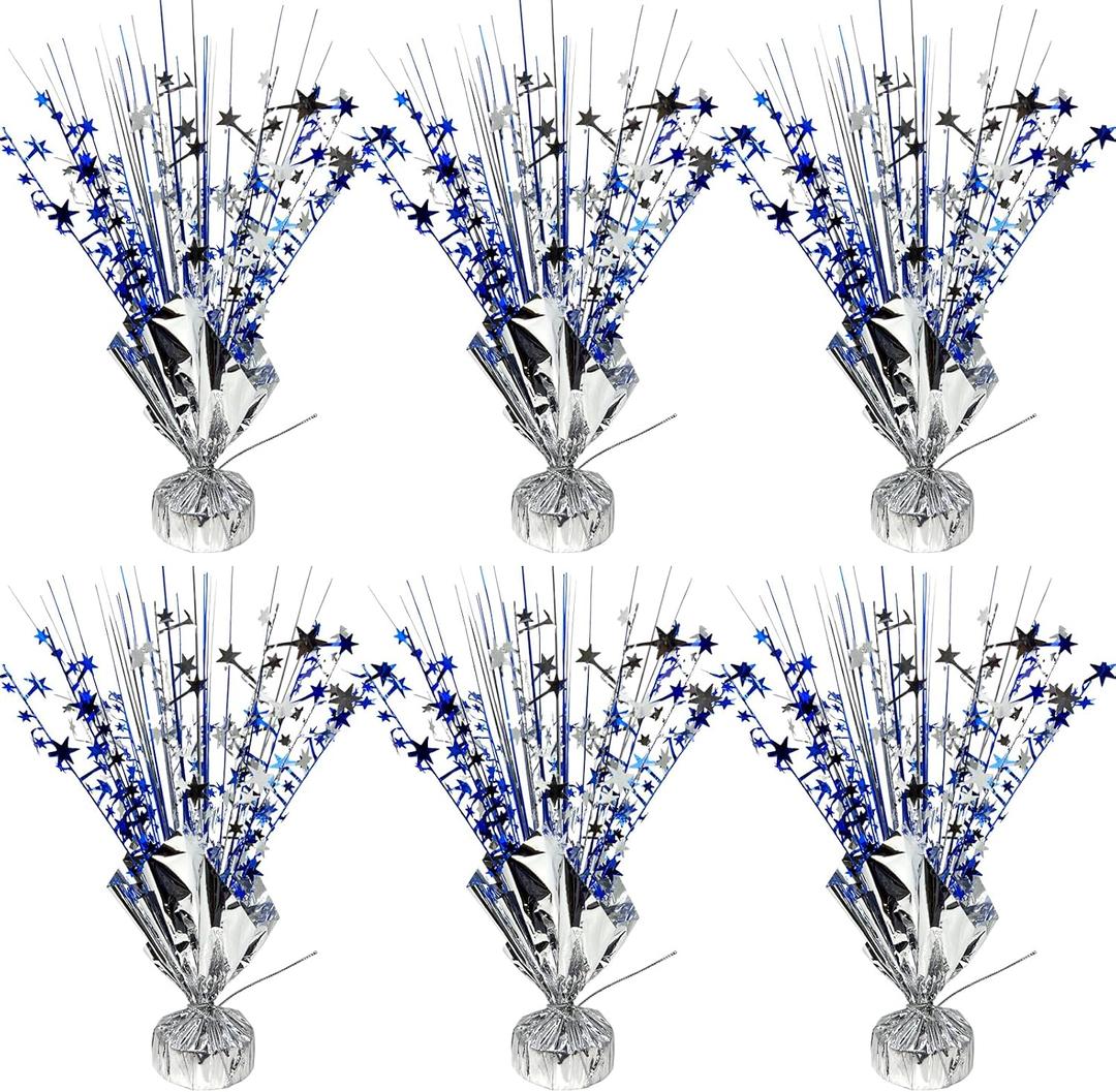 6 Pack Metallic Foil Spray Table Centerpiece Decoration Star Brust Glitter Table Topper Decor for Birthday Graduation Holiday Christmas New Year's Eve Celebration Party Supplies Blue Silver