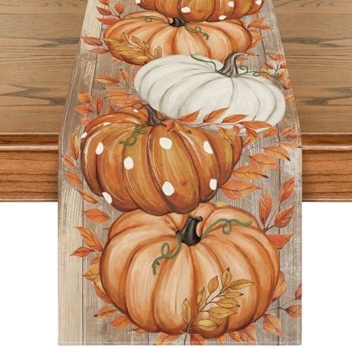 Artoid Mode Orange Polka Dot Pumpkin Eucalyptus Wood Fall Table Runner, Seasonal Autumn Kitchen Dining Table Decoration for Home Party Decor 13x90 Inch
