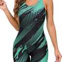 Halcurt Womens Boyleg One Piece Swimsuit Athletic Racerback Bathing Suit with Boyshorts Full Coverage Swimwear (Medium, Black/Aqua)