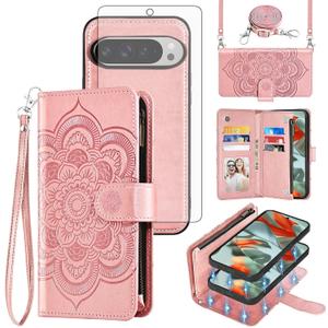 Asuwish Phone Case for Google Pixel 9 Pro XL Zipper Wallet Detachable Cell Cover with Tempered Glass Screen Protector Crossbody Strap Mandala Flower Card Holder Pixel9 9Pro 9ProXL Nine Women Rose Gold
