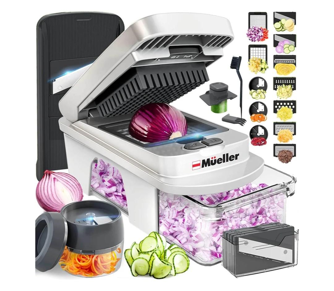 Mueller Pro-Series All-in-One, 12 Blade Mandoline Slicer for Kitchen, Food Chopper, Vegetable Slicer and Spiralizer, Cutter, Dicer, Grater, Kitchen Gadgets Sets with Container, White Sand/Gray