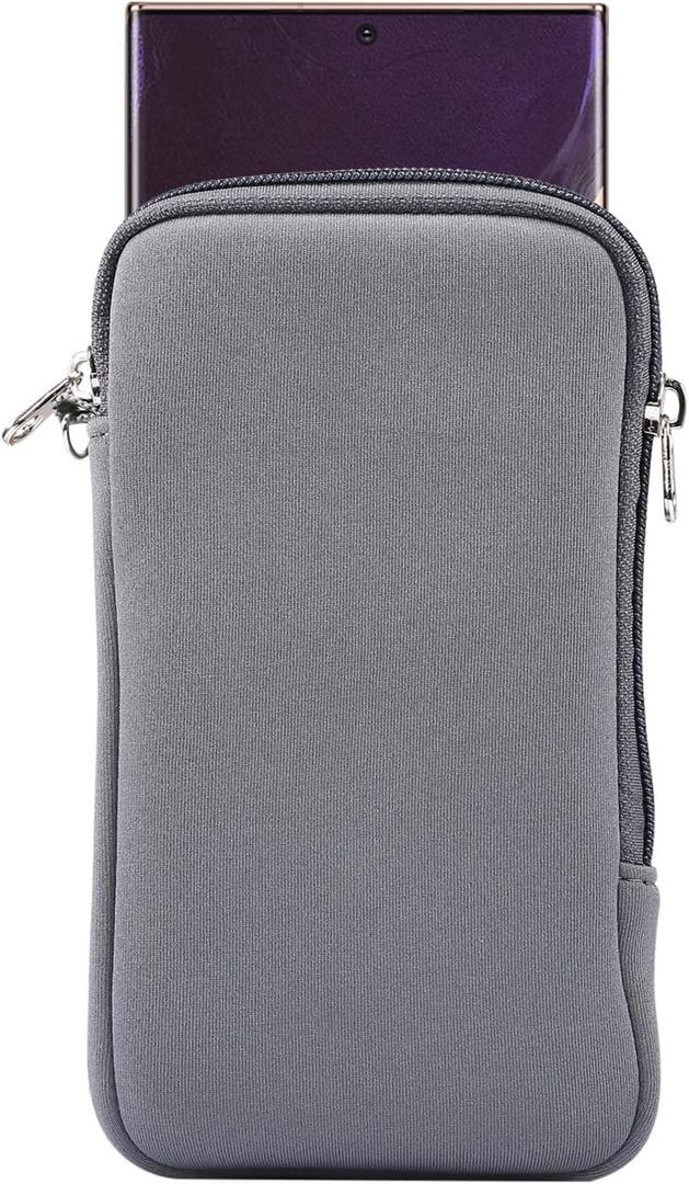 Neoprene Cell Phone Sleeve Pouch Carrying Case for Samsung Galaxy A16 A14 A13 A06 A05 S23 Ultra S22 Ultra S21 Ultra, Moto G 5G 2024 2025 / G Play/G Power with Neck Lanyard (Grey-XL)