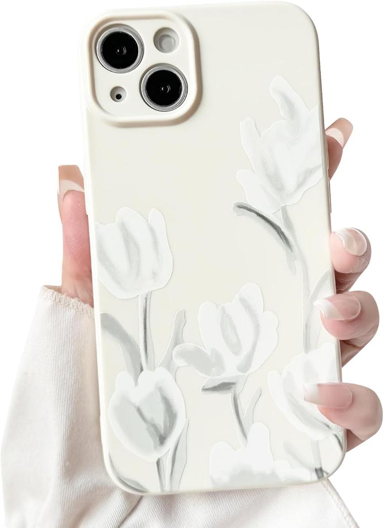 NITITOP Compatible with iPhone 13 Case Cute Flower Floral Tulip Pattern for Women Girls Trendy Slim Fit TPU Bumper Silicone Shockproof Full Camera Protection Cover - White
