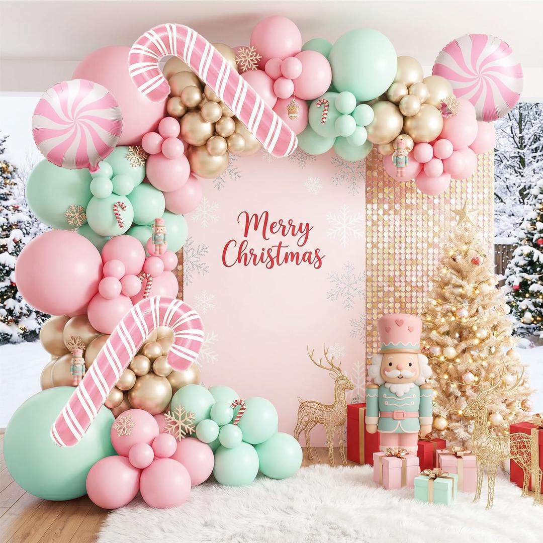 140PCS Christmas Balloon Arch Garland Kit with Pink Green Champange Cane Candy Balloons for Xmas Party Backdrop, Holiday Birthday Decorations, Winter or Snow Theme Baby Shower