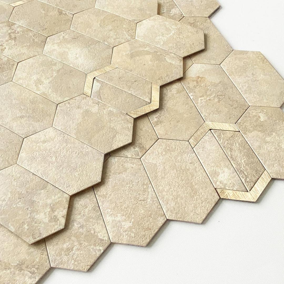 Peel and Stick Tile for Kitchen Backsplash Matte Finish,Peel and Stick Bathroom Marble 3D Wall Panels Honeycomb Tiles for Rvs Waterproof(10sheets,Beige Gold)