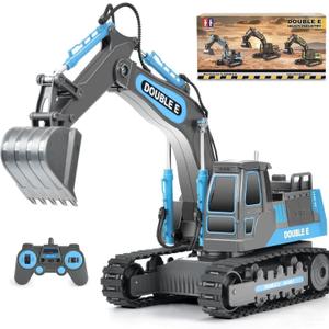 DOUBLE E Remote Control Excavator Toy RC Excavators Rechargeable Battery Digger Hydraulic Construction Toys Vehicles Xmas Gift for Boys Girls Kids 3-14 YearsGray-Blue