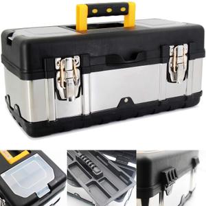 Anyyion 16.5-Inch Tool Box - Portable Lockable Storage, Stainless Steel & Plastic Construction - Removable Tray, Toolbox Organizer Truly Strong and Durable (Black)