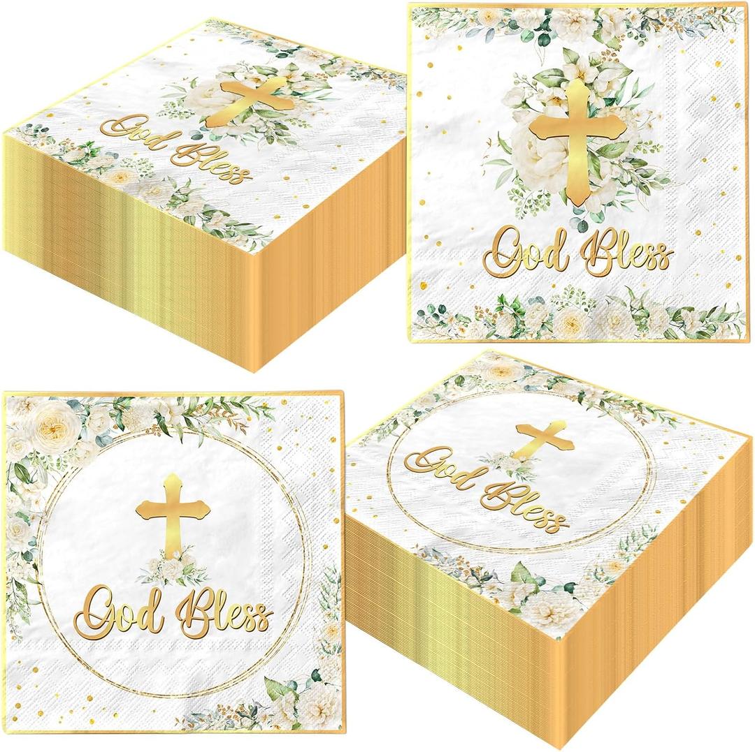 40pcs Floral God Bless Napkins Baptism Decorations for Girl Baptism Paper Napkins Religious Disposable First Communion Holy Christening Party Supplies