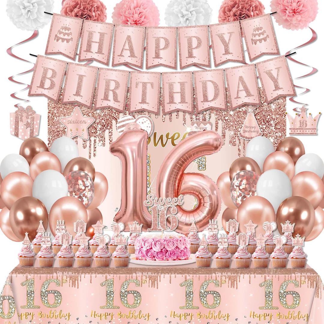 Sweet 16 Party Decorations Include Sweet 16 Banner Backdrop Cake Topper Tablecloth for 16th Birthday Decorations for Girls Sweet Sixteen Party Decorations