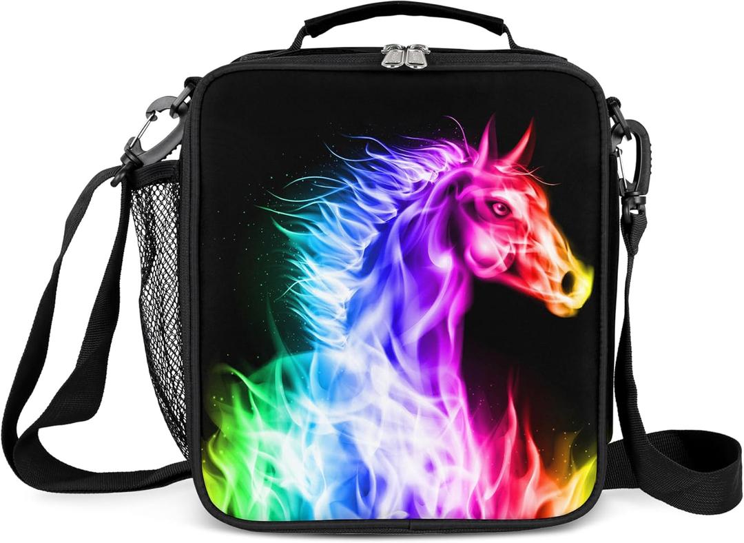 Insulated Lunch Box for Boys Girls, Reusable Lunch Bags with Adjustable Shoulder Strap and Water Bottle Holder for Kids Adult, Baseball Lunch Tote Bag for Office Work School (Horse)