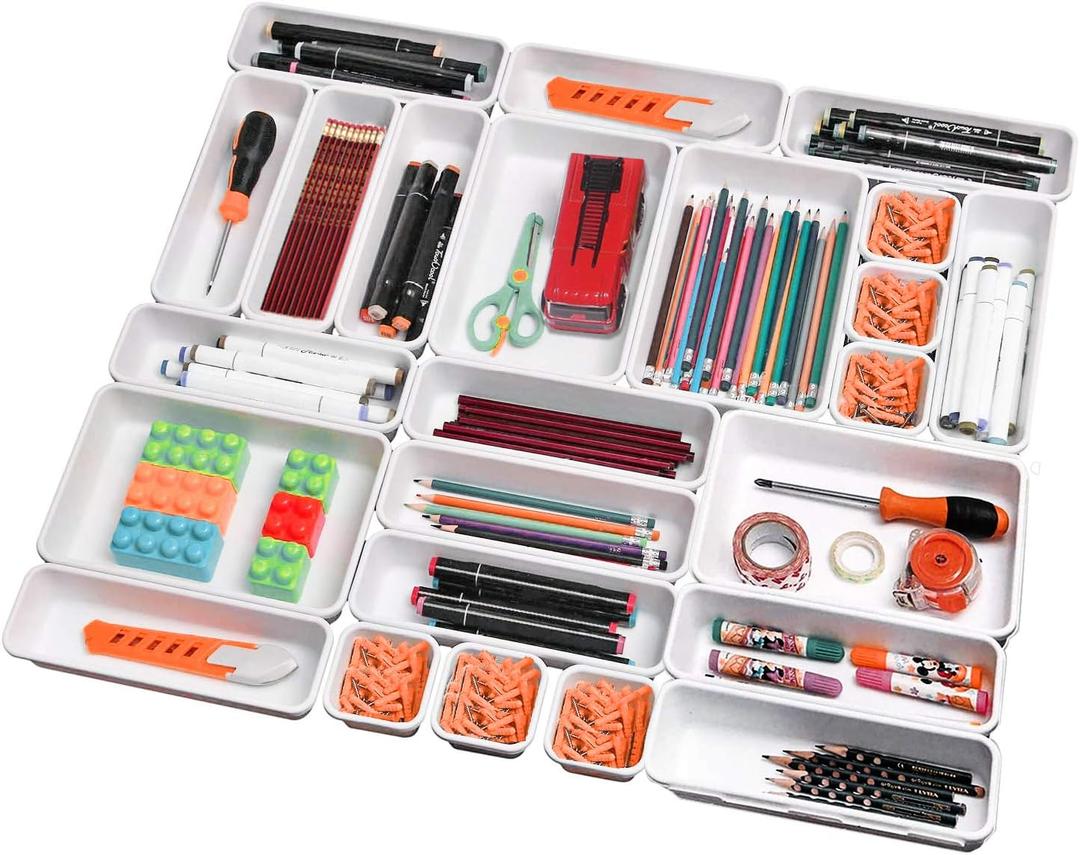 Toolly Set of 24 Interlocking Desk Drawer Organizer Tray Dividers, Plastic Shallow Narrow Drawers Organizers Separators Storage Bins Container for Kitchen Office Bathroom Makeup