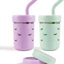 Mason Jar Toddler Cup | 8 oz Glass Cups with Silicone Sleeve & Lids | Spill-Resistant Smoothie & Snack Cups for Kids | BPA-Free | Stainless Steel Inner Straw