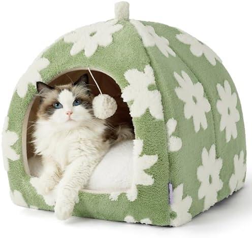 Lesure Cute Cat Beds for Indoor Cats - 2 in 1 Large Cat Cave Bed with Removable Washable Cushioned Pillow, Cozy Kitten Tent with Non-Slip Bottom, Green, 17.3 inches