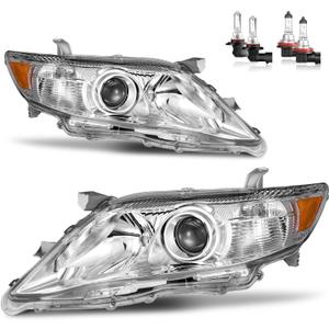 Headlights Assembly for 2010 2011 Toyota Camry[4-Door Sedan] Headlamp Replacement Pair (Only fits US Version, does NOT fit hybrid models) (Chrome | With High & Low Beam Bulbs)