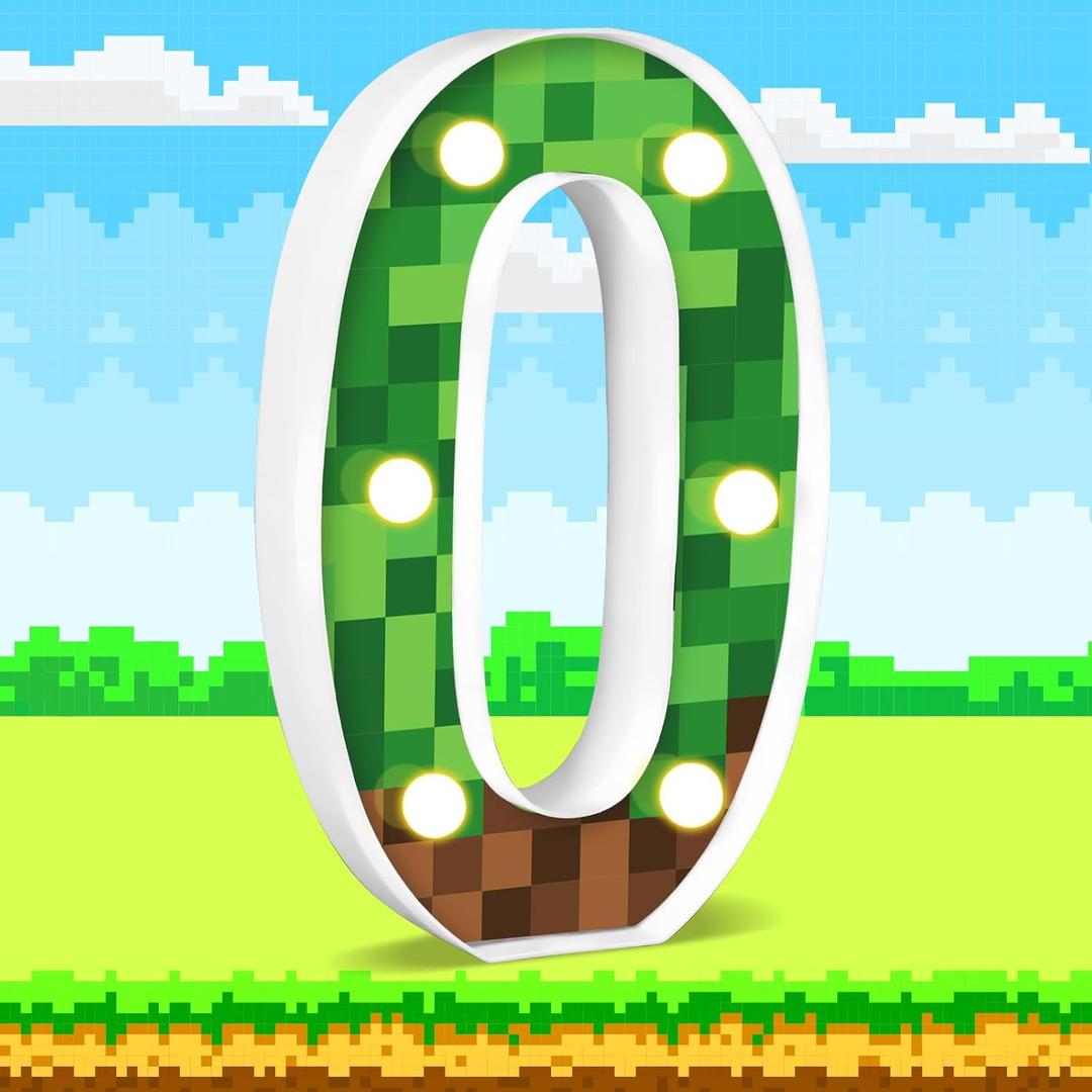 8.5" Pixel Game Light up Numbers Sign Pixel Pattern Game Theme Birthday Party Decorations Night Light Pixel Game Party Supplies (Number 0) (Green,Brown)