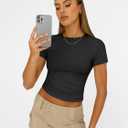 AUTOMET Womens Crew Neck Short Sleeve Basic Stretchy Slim Fit T-Shirt 2026 | Versatile Y2K style summer crop tops, perfect for business casual or athletic gym workouts (Black, XS)