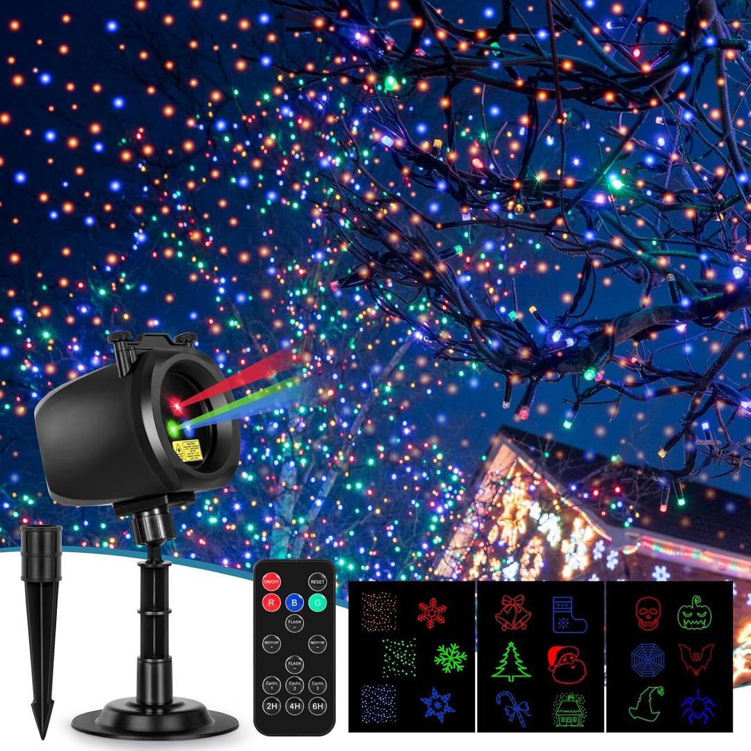 Christmas Laser Projector Lights Outdoor, Halloween RGB Laser Light Projector Indoor, 2025 Firefly Lights Show, IP65 Waterproof Holiday Decoration, 3 Colors Plus 3 Cards(Halloween/ Snowflake/ Christmas)