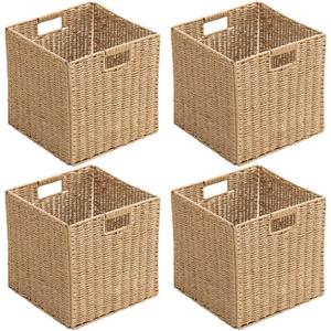 Handwoven Paper Woven Cube Basket Organizer with Handles set of 4 Foldable Storage baskets for Bedroom Living Room Cubby Storage Units for Clothes Books Toys (Natural, 13" L x 13" W x 13" H)