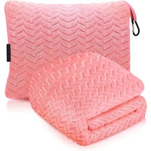 Proglobe Premium Travel Blanket and Pillow - XL 42" x 68" - Ultra Soft Lightweight Compact Blanket for Airplane, Car, Bus, Travel - Portable Cozy Fleece for Men, Women, and Kids - Pink