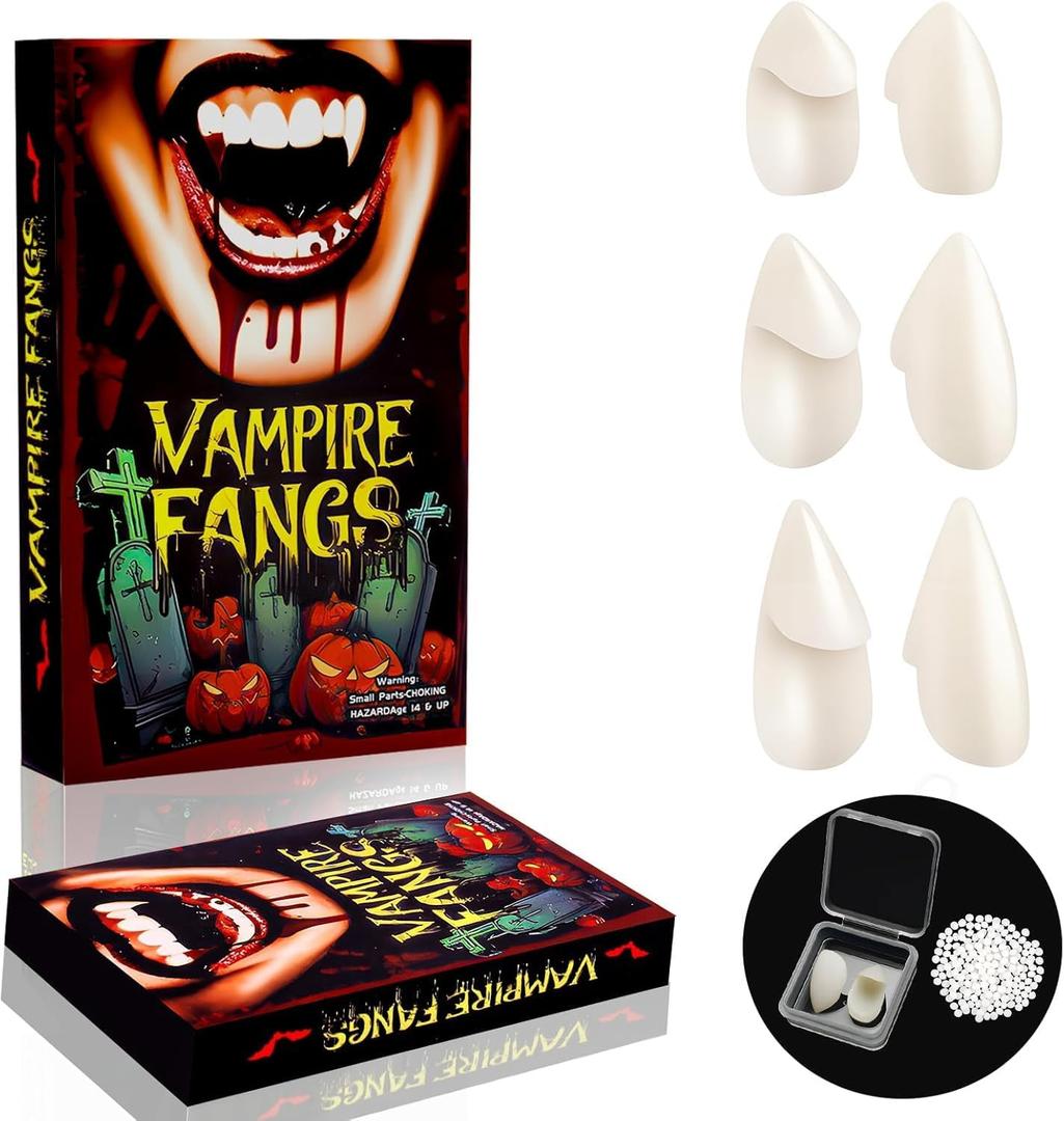 Vampire Teeth Fangs, Vampire Fangs for Adults, Halloween Realistic Fake Fang with Upgraded Reusable Adhesive, 3 Sizes Vampire Teeth (13mm, 15mm, 17mm)