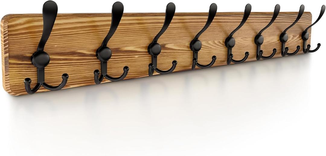 Rustic Coat Rack, 30.7 Inch Long Solid Pine Brown Wood Wall Rack with 8 Heavy Duty Tri Hooks for Hanging Coat, Towels, Hat, Jacket - 1 Pack