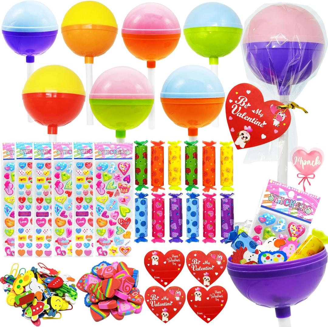WODMAZ 24 Pack Lollipop-Shaped Stationery Set with Cards Highlighters Stickers Erasers Paperclips for Classroom Gifts Exchange, Easter Stationery Gifts, Goodies Bag Prizes