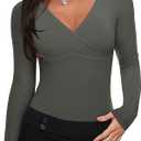 REORIA Women's Long Sleeve Cross Wrap Ruched Bodysuit Sexy Deep V Neck Slim Fit Body Suit Concert Tops Thyme X-Large