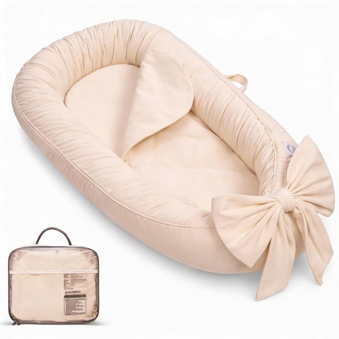 Baby Lounger, Infant Lounger for Newborn,Portable Baby Nest Cover Breathable & Soft, Newborn Essentials (Bow)