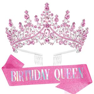 Birthday Tiara and Sash for Women Girls - Graceful Birthday Crown and Sash for Party Gift Halloween Cosplay - Premium Rhinestone Headbands for Princess Dress Up (pink)
