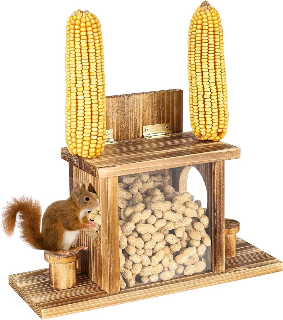 Funny Squirrel Feeder,Carbonized Squirrel Feeders for Outside,Easy Filling and Cleaning with Removable Front Panel,Durable Squirrel House Box for Outdoors,Attracting Squirrel and Chipmunk