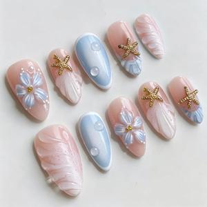 Luxury Press on Nails Medium Almond Handmade 3D Unique Reusable ABS Material Fake Nails French Tip False Nails with Designs Starfish Blue Floral Art Petal Glossy Glue on Thick Acrylic Nails(M)