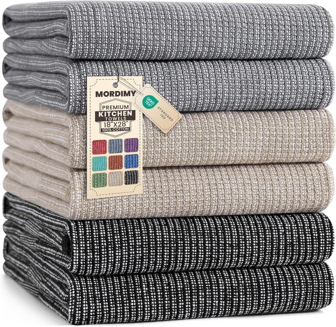 Mordimy Premium Kitchen Towels 6 Pack (18 x 28 Inches, Grey/Khaki/Black), Large Cotton Flat & Terry Kitchen Hand Towel, Super Absorbent Tea Dishtowels Set with Hanging Loop
