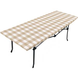 Beige Checkered Fitted Table Covers for 8 Foot Tables, Farmhouse White Buffalo Plaid Elastic Table Cover Rectangle 32"x96" Waterproof Tablecloth, Patio Table Cloth for Indoor Outdoor Picnic Party (Checkerboard11sdy6252)