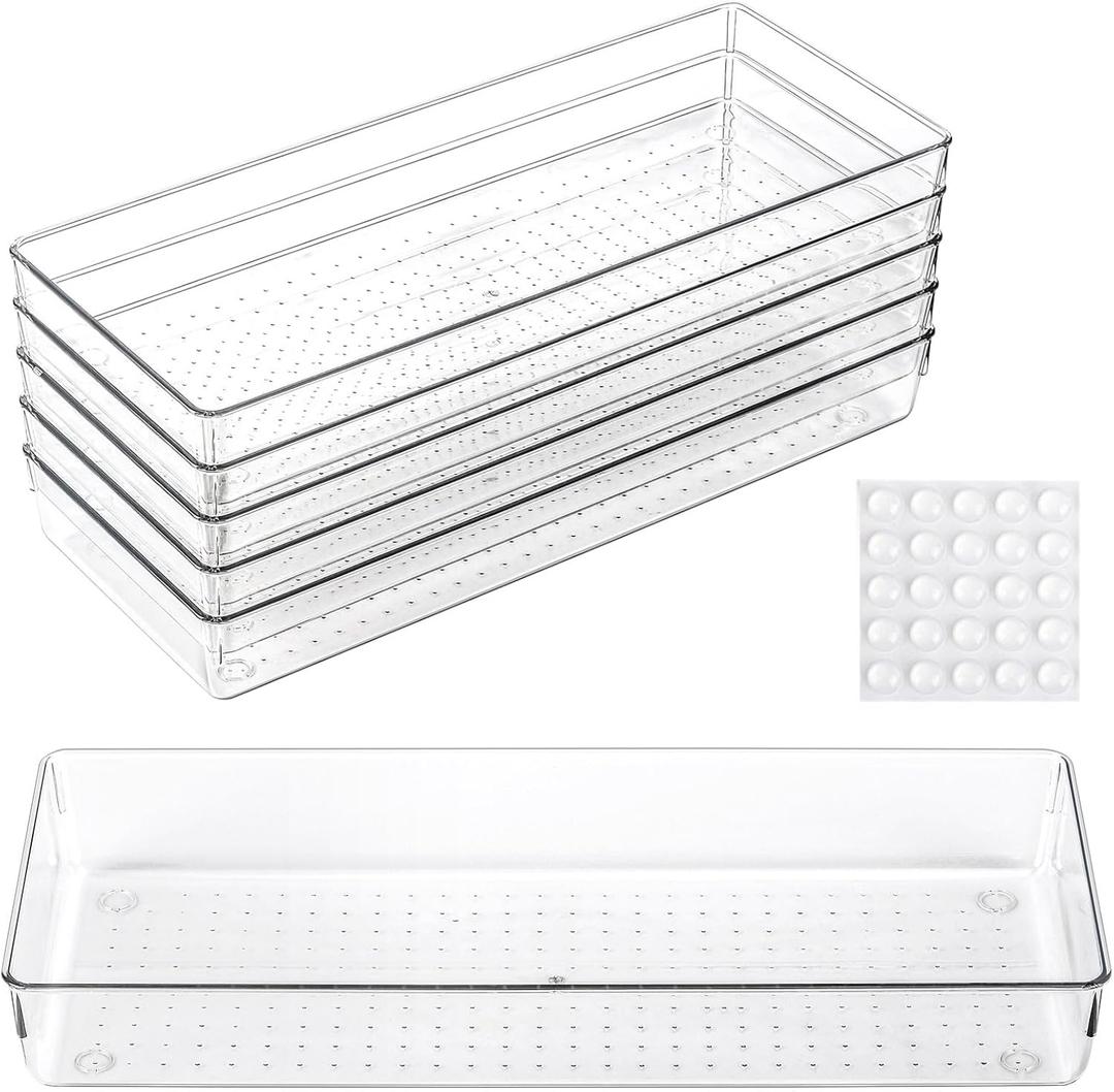6 Pcs Large Clear Plastic Drawer Organizers Tray 15" x 6.3" Storage Bins with 25 Pcs Non-Slip Pads for Makeup, Jewelries, Kitchen Utensils, Bathroom and Office