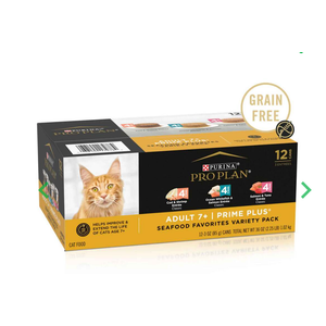 Purina Pro Plan Grain Free Senior Wet Cat Food Variety Pack Pate, SENIOR Seafood Favorites - (12) B est By: Feb 2027 Pack Of 2